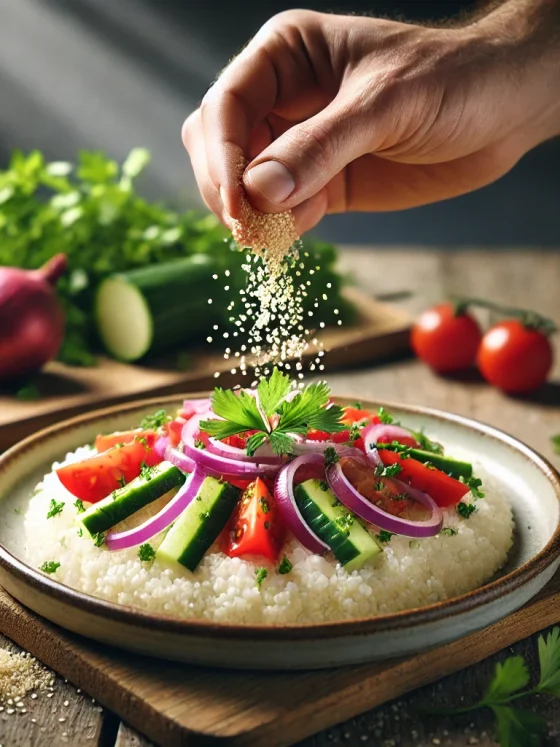 un plat de fonio cuit sur lequel une main saupoudre de légumes frais colorés comme des tomates cerises, du concombre, des oignons rouges et du persil