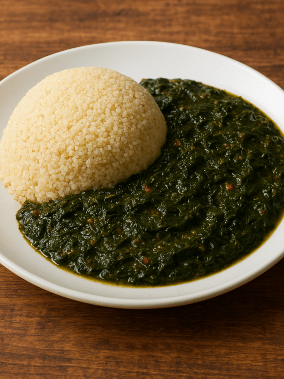 Un plat de "fonio à la sauce feuilles" présent sur une table en bois. Le fonio à la sauce feuilles est un plat emblématique de la cuisine guinéenne et ouest-africaine qui met à l’honneur les saveurs authentiques du continent.