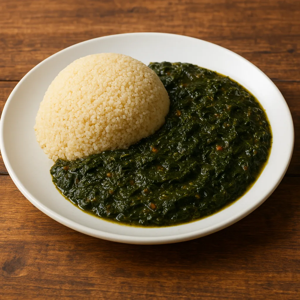 Un plat de "fonio à la sauce feuilles" présent sur une table en bois. Le fonio à la sauce feuilles est un plat emblématique de la cuisine guinéenne et ouest-africaine qui met à l’honneur les saveurs authentiques du continent.