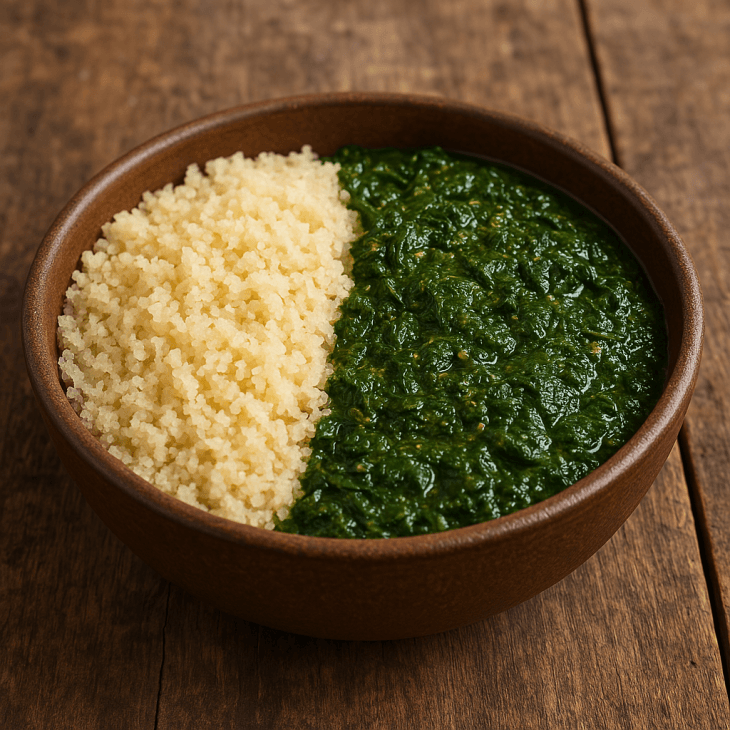 Recette de fonio traditionnelle qui marie la délicatesse des grains de fonio avec la richesse nutritionnelle et gustative des feuilles vertes, créant un plat complet à la fois nourrissant et savoureux.