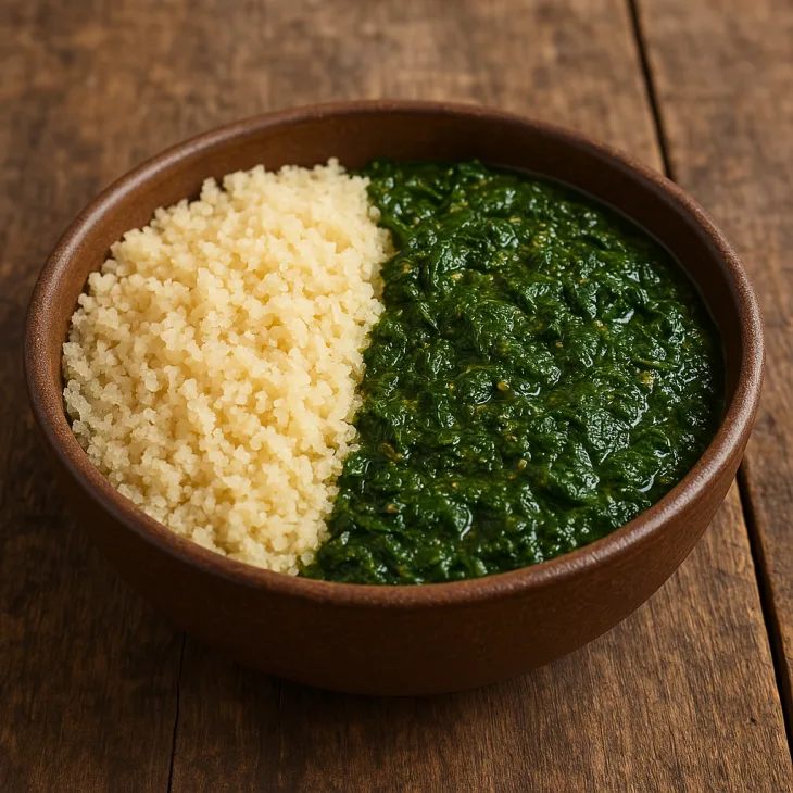 Recette de fonio traditionnelle qui marie la délicatesse des grains de fonio avec la richesse nutritionnelle et gustative des feuilles vertes, créant un plat complet à la fois nourrissant et savoureux.