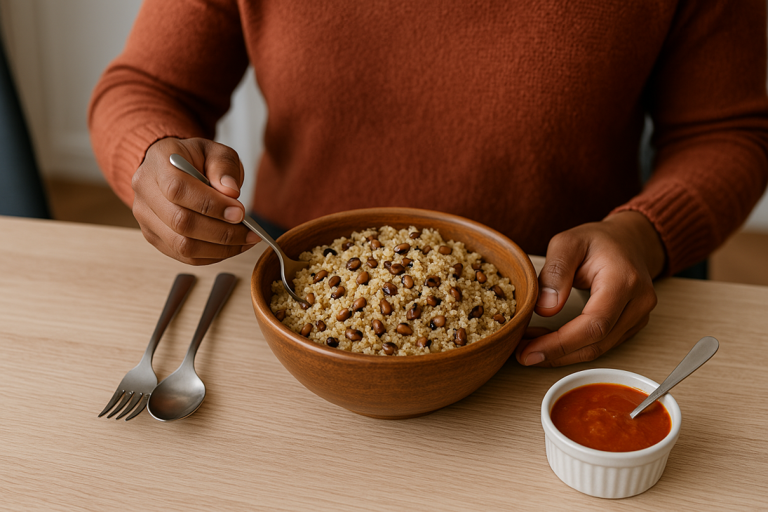 Gnatji &ndash; Fonio aux haricots ni&eacute;b&eacute; servi avec une sauce tomate, Pays Dogon Mali
