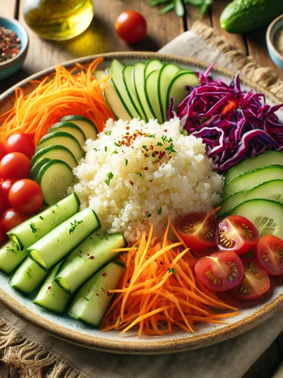 Le fonio à la volée est Un plat à base de fonio précuit, accompagnée de crudités variées et d’une vinaigrette légère.