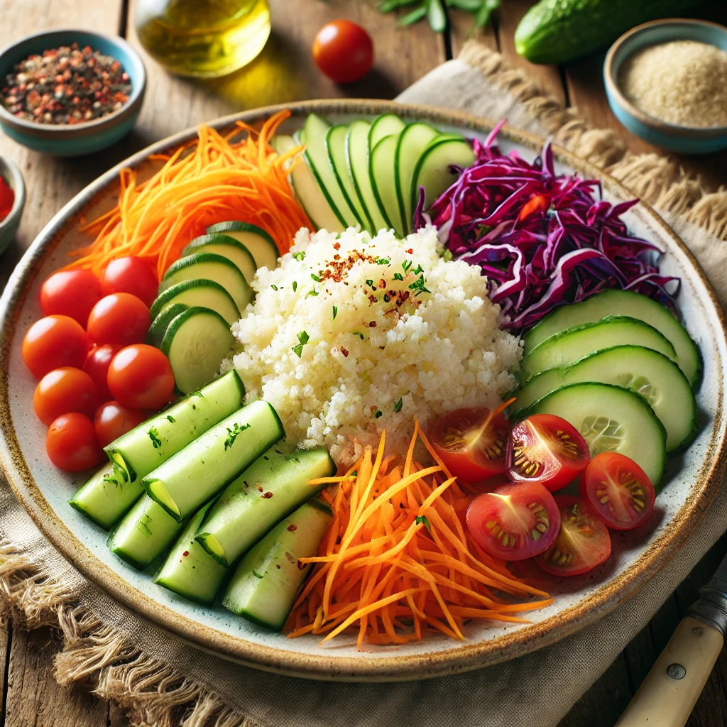 Le fonio à la volée est Un plat à base de fonio précuit, accompagnée de crudités variées et d’une vinaigrette légère.