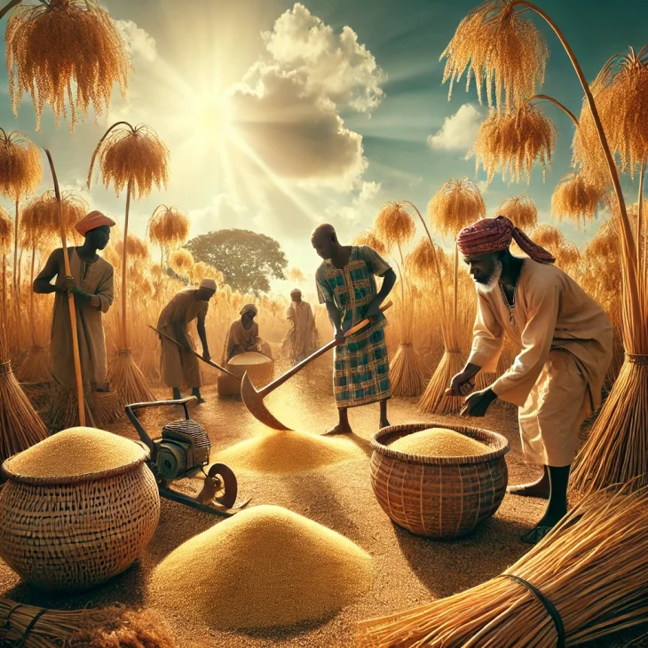 des agriculteurs récoltant le fonio dans un champ africain ensoleillé, à l’aide de paniers et outils traditionnels