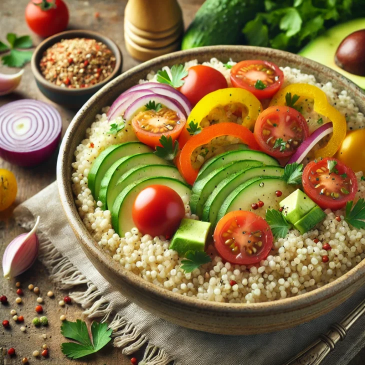 un délicieux bol de fonio cuit garni de légumes frais