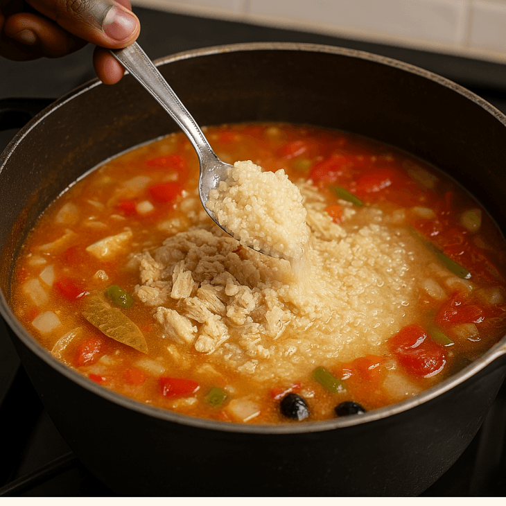 Ajout du fonio dans le bouillon – Le fonio est versé en pluie dans la marmite, enrichi de poisson émietté et légumes, pour une soupe onctueuse et nourrissante.