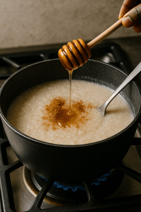 Ajout du miel et des épices douces dans la bouillie de fonio : infusion lente à feu doux pour une saveur riche et réconfortante.