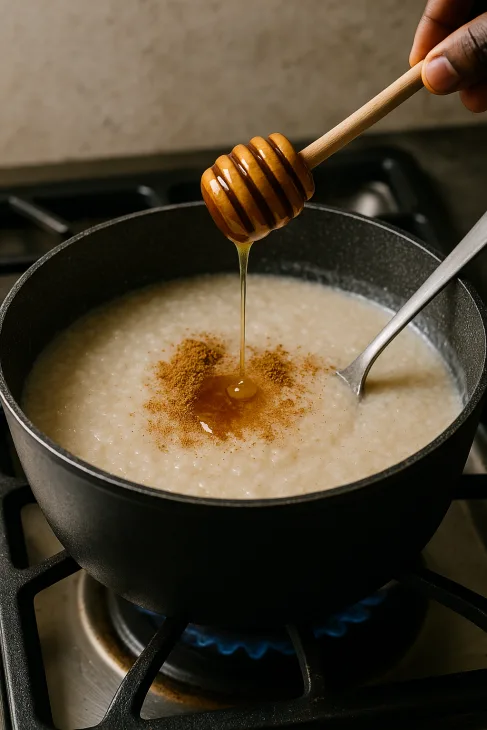 Ajout du miel et des &eacute;pices douces dans la bouillie de fonio : infusion lente &agrave; feu doux pour une saveur riche et r&eacute;confortante.
