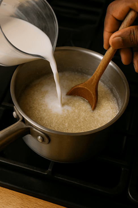 Ajout progressif du lait dans le fonio épaissi : une étape clé pour une bouillie onctueuse et crémeuse.