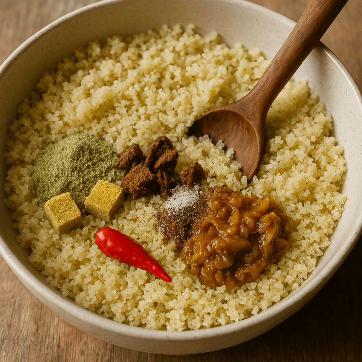 Assaisonnement du Chola malien : poudre de gombo, soumbala &eacute;miett&eacute; et condiments dans le fonio