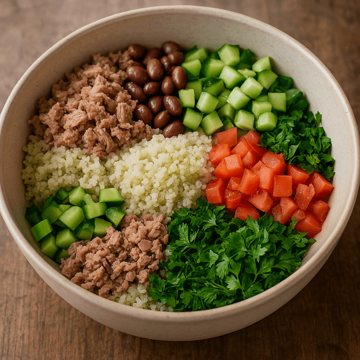 Assemblage de la salade de fonio &ndash; Tous les ingr&eacute;dients color&eacute;s se retrouvent dans un grand saladier pour une explosion de fra&icirc;cheur et de saveurs.