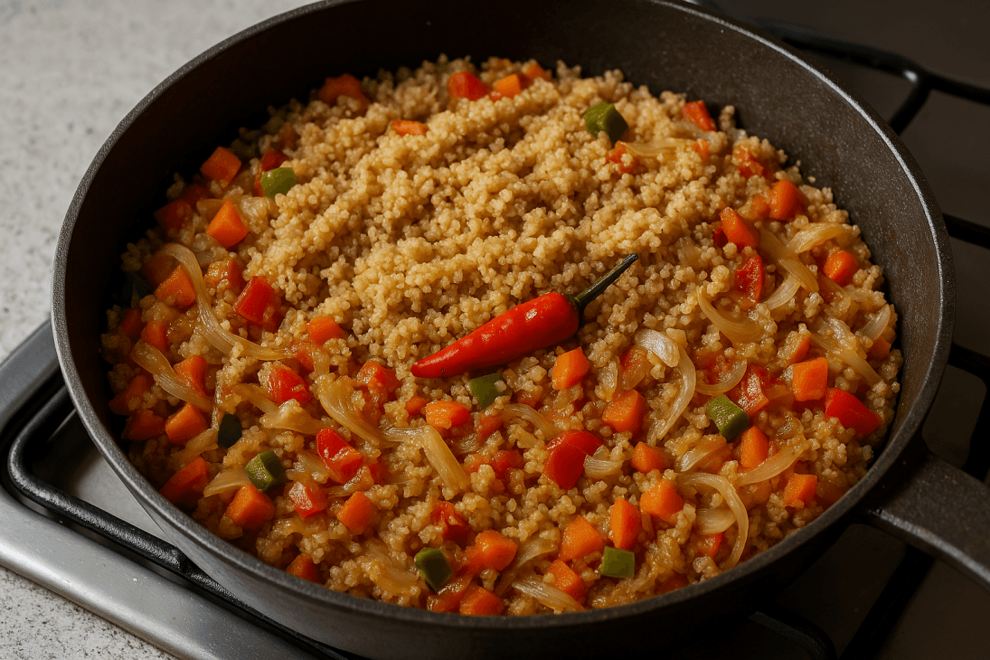 Assemblage du fitini boulama : le fonio cuit incorpor&eacute; aux l&eacute;gumes saut&eacute;s pour un m&eacute;lange harmonieux et parfum&eacute;