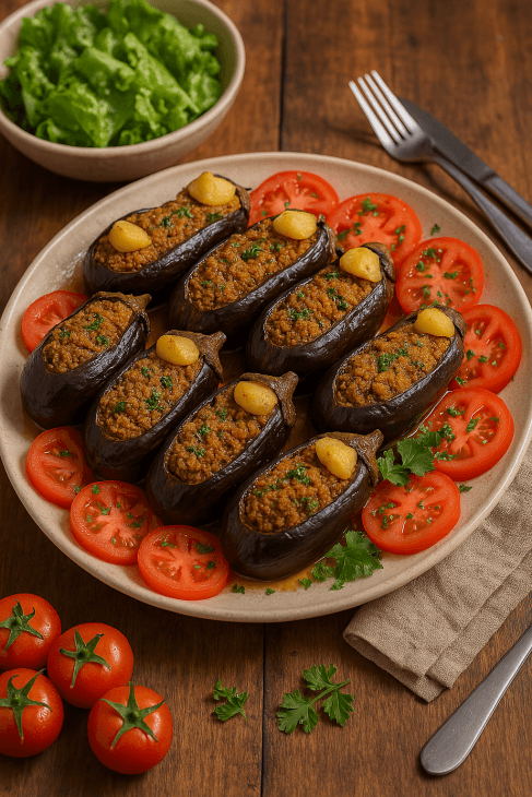 Aubergines farcies au fonio servies chaudes – Garnies de tranches de tomates fraîches et d’herbes, pour un plat guinéen complet et savoureux.