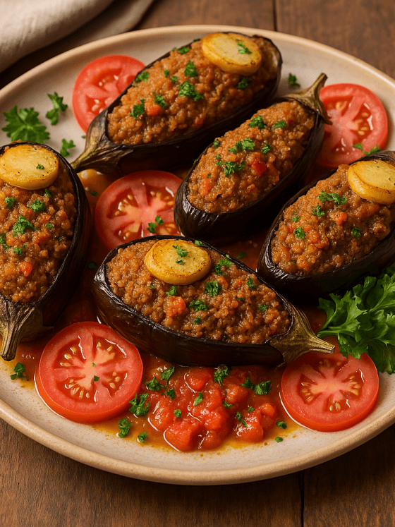 Aubergines farcies au fonio – Un plat guinéen généreux et fondant, garni de fonio, viande hachée et légumes, pour une touche familiale et parfumée.