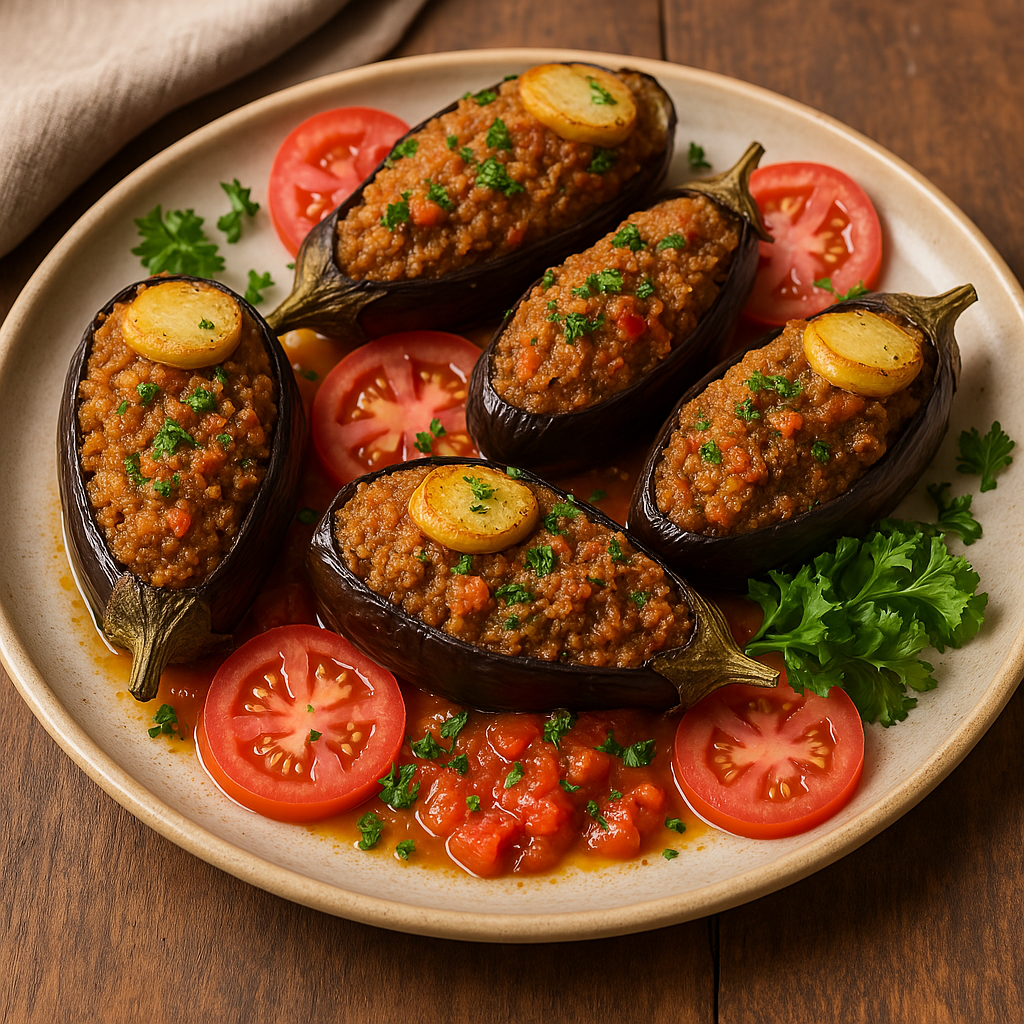 Aubergines farcies au fonio – Un plat guinéen généreux et fondant, garni de fonio, viande hachée et légumes, pour une touche familiale et parfumée.