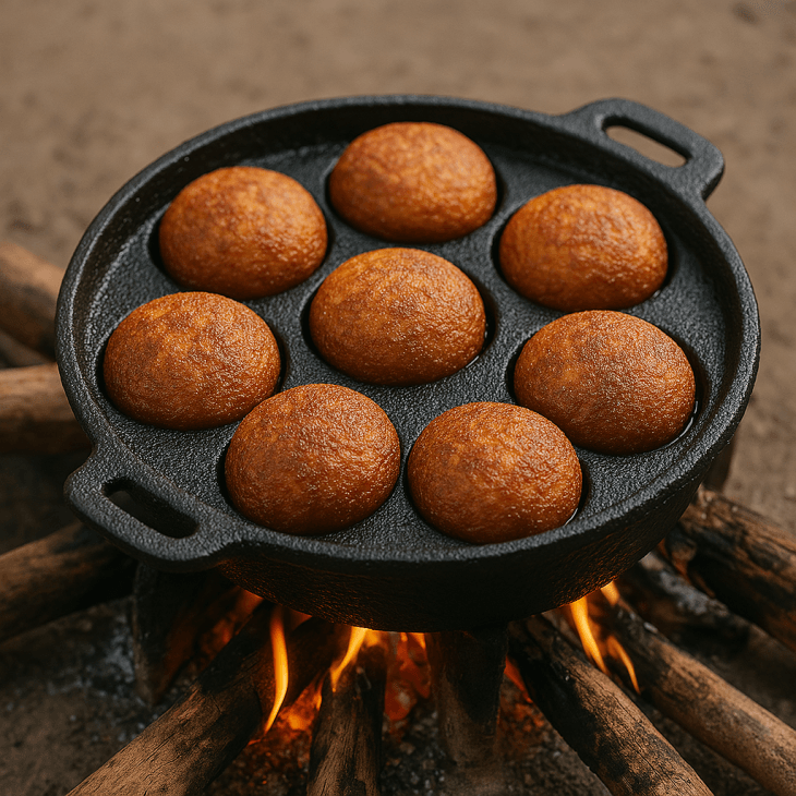 Beignets de fonio africains en cuisson &mdash; dor&eacute;s et croustillants
