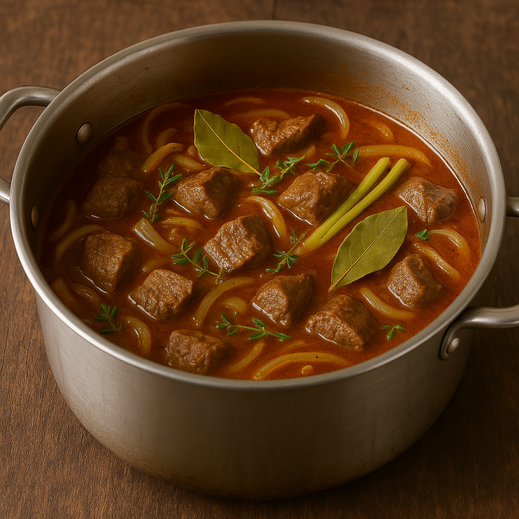 Bœuf mijoté au curry – Une cuisson lente avec oignons, épices et citronnelle pour une sauce onctueuse et une viande fondante.