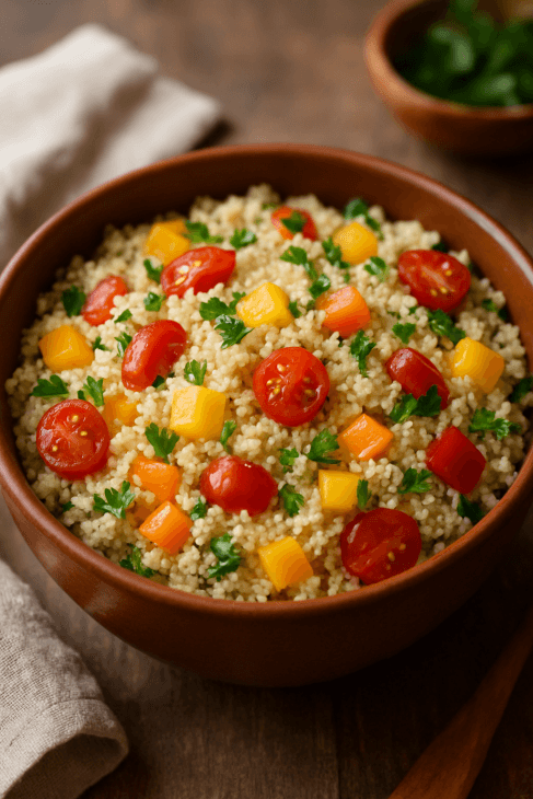 Bol de fonio sans gluten avec légumes colorés, tomates cerises et poivrons