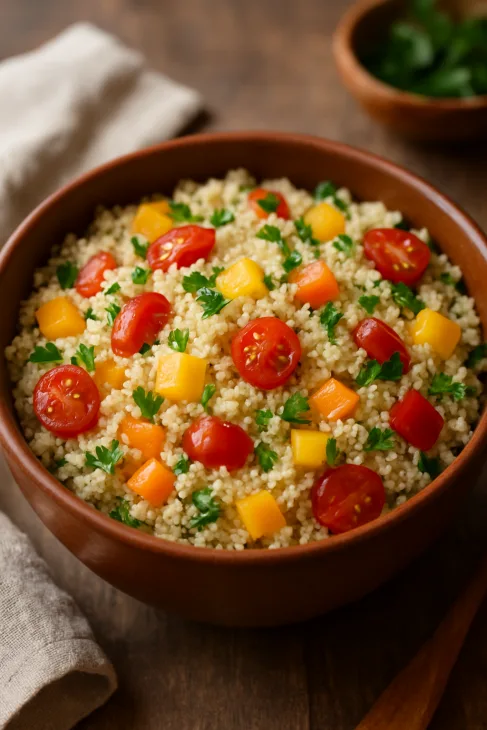 Bol de fonio sans gluten avec légumes colorés, tomates cerises et poivrons
