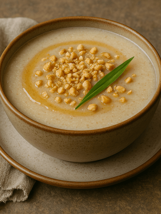 Bouillie de fonio servie chaude avec miel, citronnelle et arachides – un petit-déjeuner traditionnel, doux et réconfortant venu d’Afrique de l’Ouest.