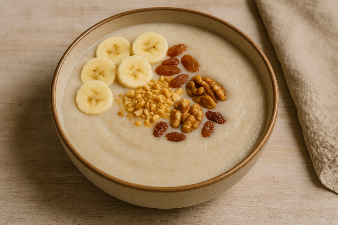 Bouillie de fonio servie chaude avec toppings gourmands : fruits frais, raisins secs, arachides pilées et noix pour une touche croquante et sucrée.