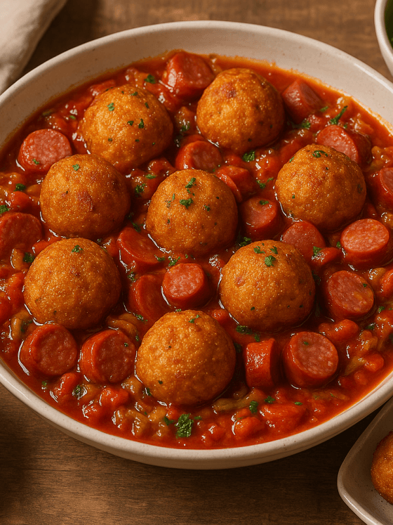 Boulettes de fonio à la sauce tomate et saucisses fumées – Un plat généreux et convivial, à savourer bien chaud avec une salade fraîche.