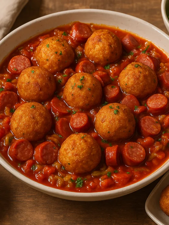 Boulettes de fonio à la sauce tomate et saucisses fumées – Un plat généreux et convivial, à savourer bien chaud avec une salade fraîche.