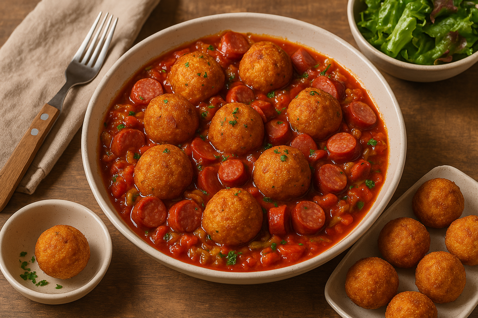 Boulettes de fonio à la sauce tomate et saucisses fumées – Un plat généreux et convivial, à savourer bien chaud avec une salade fraîche.