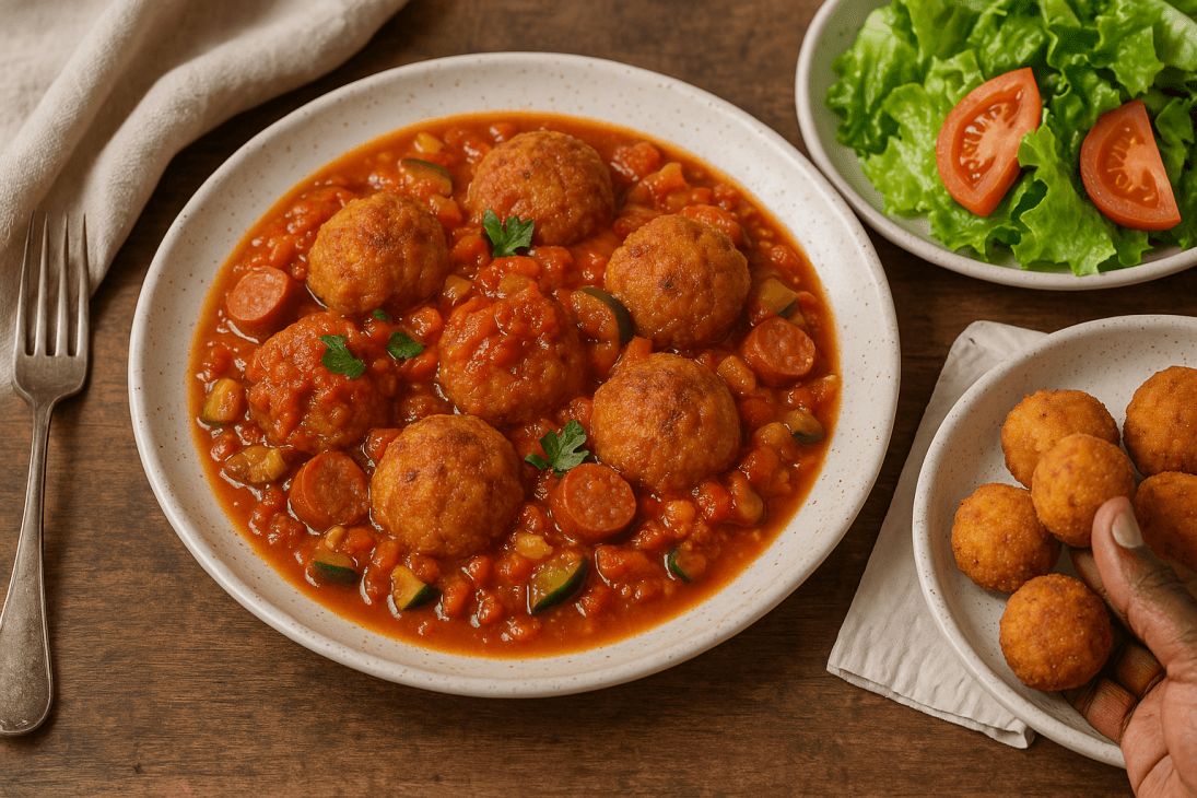 Boulettes de fonio nappées de sauce tomate aux saucisses – Servies avec une salade fraîche, pour un plat complet, chaleureux et plein de saveurs.