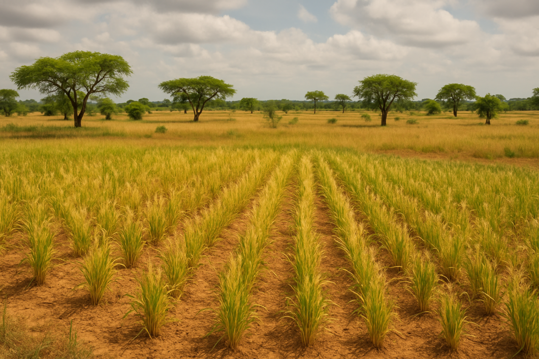 Paysage rural en Afrique de l’Ouest avec rangées de fonio cultivé sur sol sec, savane en arrière-plan et arbres d’acacia