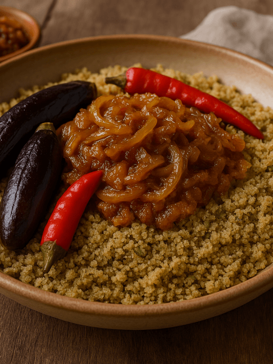 Chola malien servi chaud : couscous de fonio au gombo et soumbala, accompagné d’aubergines, piments et sauce d’oignons parfumée.