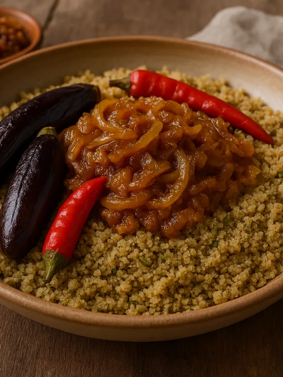 Chola malien servi chaud : couscous de fonio au gombo et soumbala, accompagné d’aubergines, piments et sauce d’oignons parfumée.