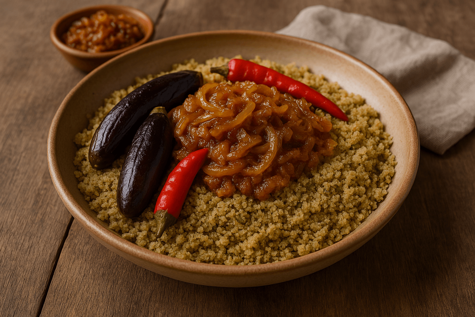 Chola malien servi chaud : couscous de fonio au gombo et soumbala, accompagné d’aubergines, piments et sauce d’oignons parfumée.