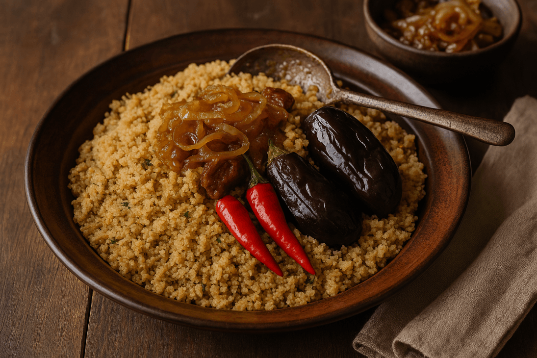 Chola malien servi avec sauce d'accompagnement : oignons caram&eacute;lis&eacute;s, aubergines et piments entiers