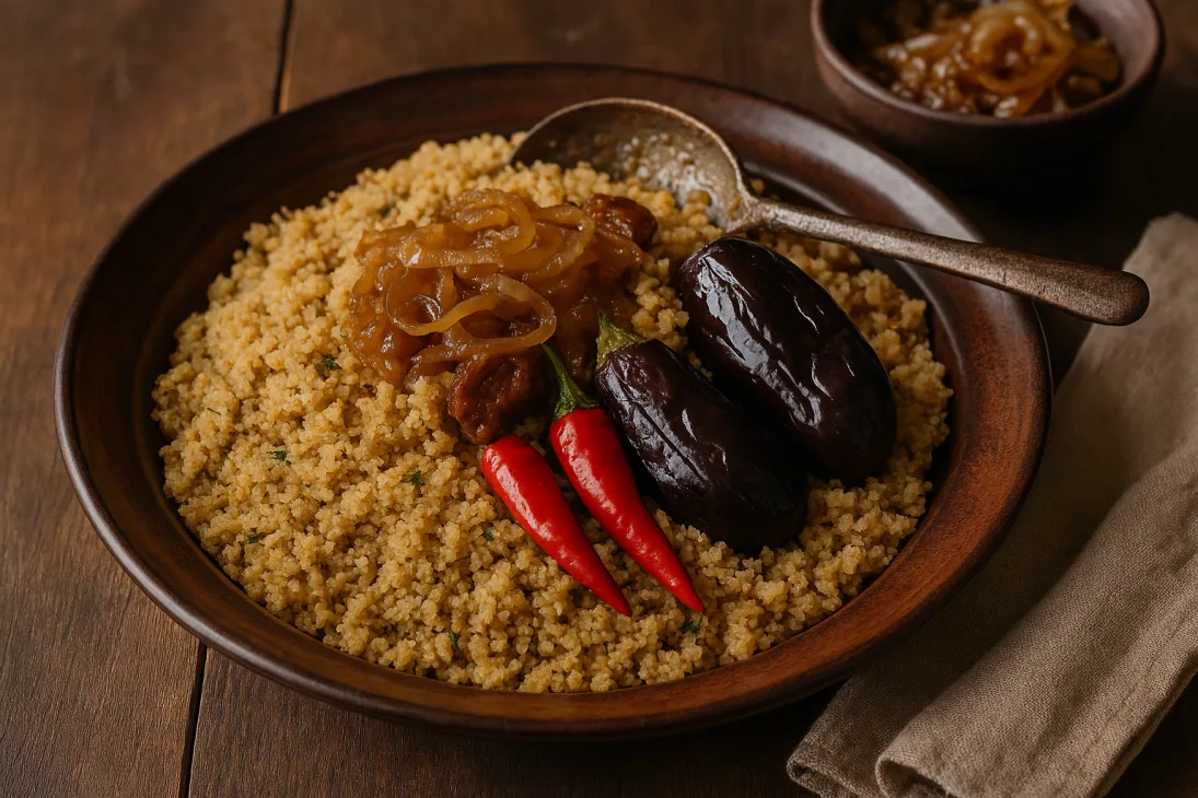 Chola malien servi avec sauce d'accompagnement : oignons caram&eacute;lis&eacute;s, aubergines et piments entiers