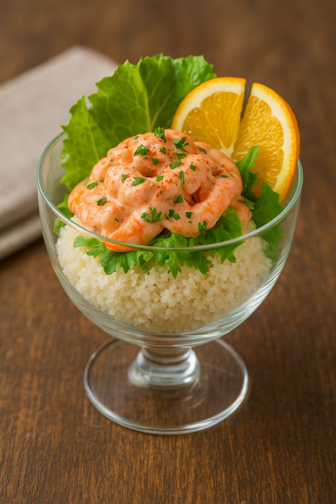 Cocktail de crevettes sur nid de fonio en verrine – Une entrée chic et fraîche, garnie de laitue, orange, paprika et persil pour une explosion de saveurs.