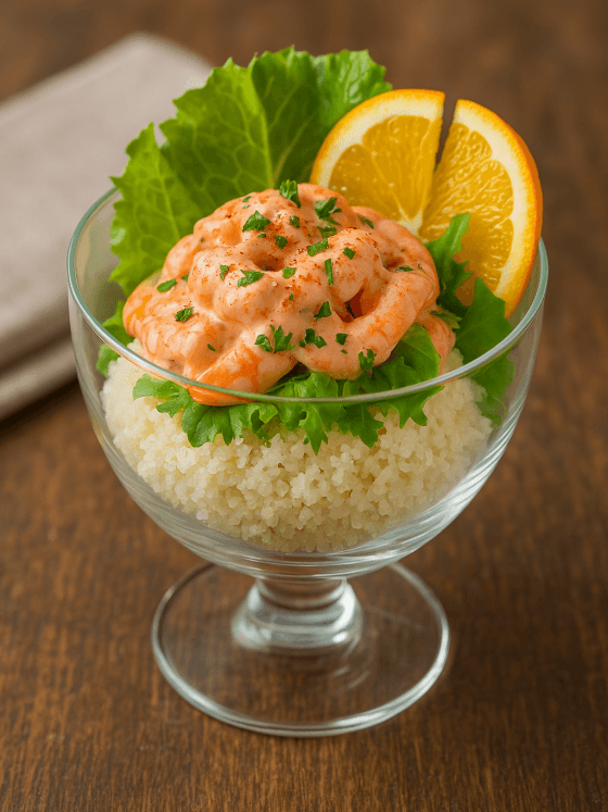 Cocktail de crevettes sur nid de fonio en verrine – Une entrée chic et fraîche, garnie de laitue, orange, paprika et persil pour une explosion de saveurs.