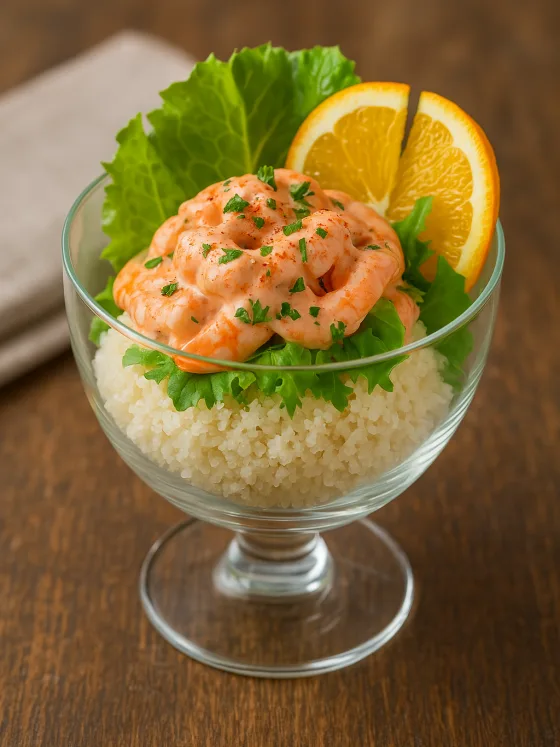Cocktail de crevettes sur nid de fonio en verrine – Une entrée chic et fraîche, garnie de laitue, orange, paprika et persil pour une explosion de saveurs.