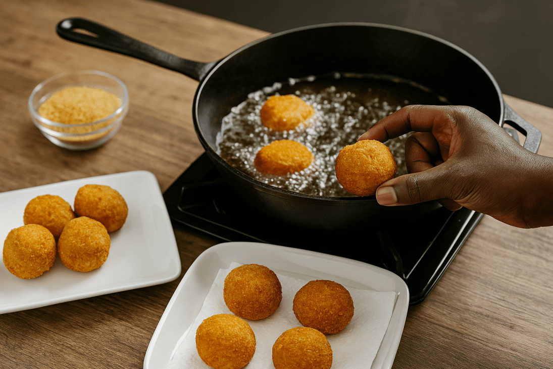 Cuisson des boulettes de fonio – Enrobées de chapelure puis dorées à la perfection dans l’huile chaude, avant d’être égouttées sur papier absorbant.