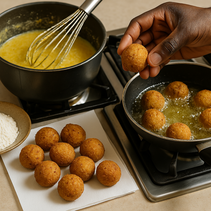 Cuisson des boulettes de fonio – Le mélange fonio-lait-œufs se transforme en boulettes dorées, frites à la perfection pour un extérieur croustillant et un cœur moelleux.