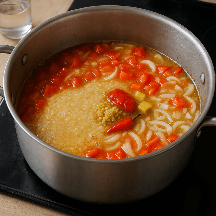 Cuisson des ingrédients de la soupe de fonio : fonio, tomates, oignons, ail, piment et condiments mijotent ensemble pour une base savoureuse et colorée.