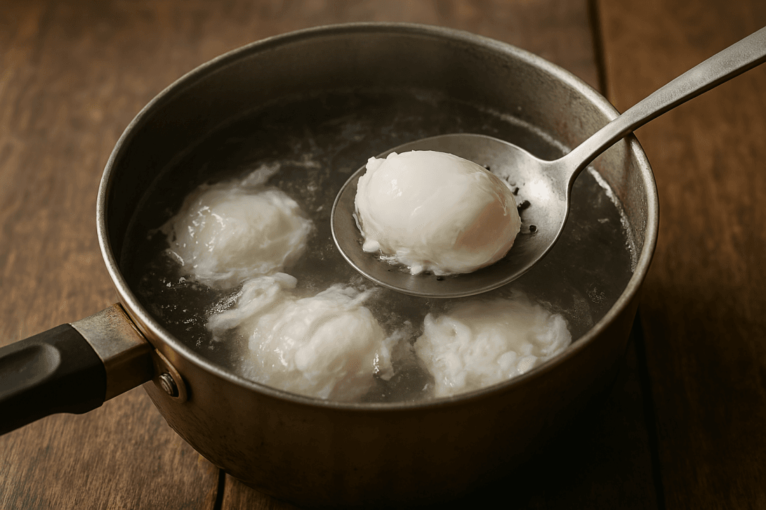 Cuisson des œufs pochés – Trois minutes dans une eau vinaigrée frémissante pour obtenir des blancs soyeux et des jaunes fondants.