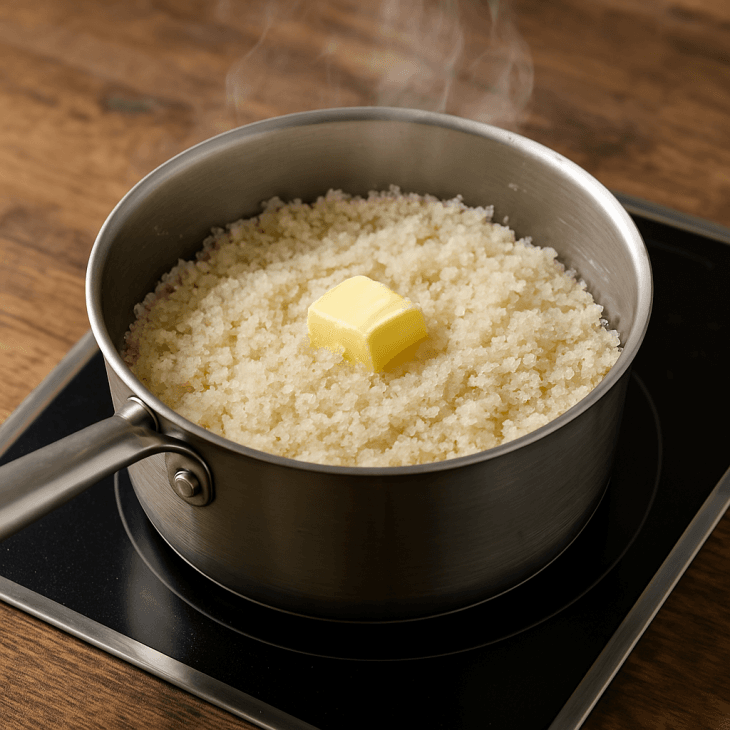 Cuisson du fonio &ndash; Le fonio repose sous couvercle avec une noix de beurre fondante, absorbant l&rsquo;eau chaude pour atteindre une texture parfaitement moelleuse.