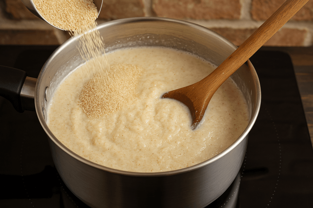 Cuisson du fonio dans le lait parfumé – Une étape essentielle pour obtenir une texture épaisse et onctueuse, avant de passer au four.
