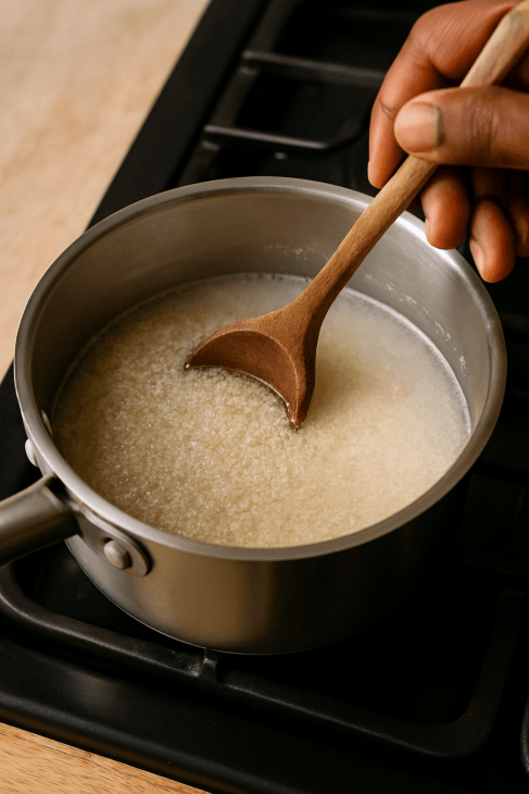 Cuisson du fonio dans l’eau à feu moyen : les grains gonflent doucement, remués régulièrement pour une texture parfaite