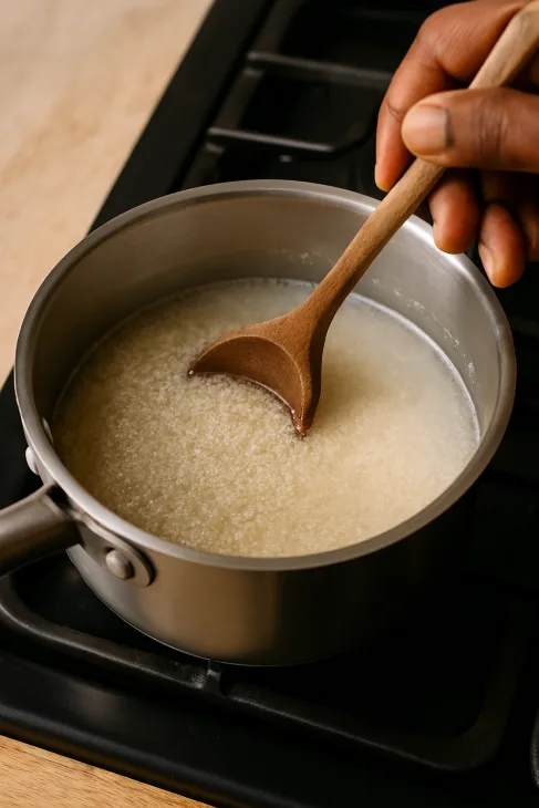 Cuisson du fonio dans l&rsquo;eau à feu moyen : les grains gonflent doucement, remués régulièrement pour une texture parfaite