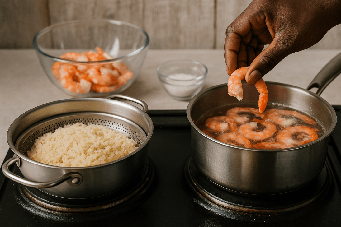 Cuisson du fonio et des crevettes – Le fonio cuit doucement à la vapeur pendant que les crevettes sont blanchies à l’eau bouillante, prêtes pour une entrée gourmande.