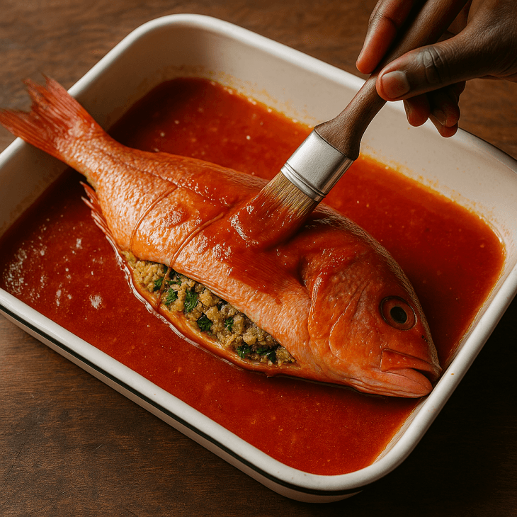 Cuisson du rouget farci au fonio &ndash; Le poisson est badigeonn&eacute; de sauce tomate maison avant de passer au four pour une cuisson lente et savoureuse