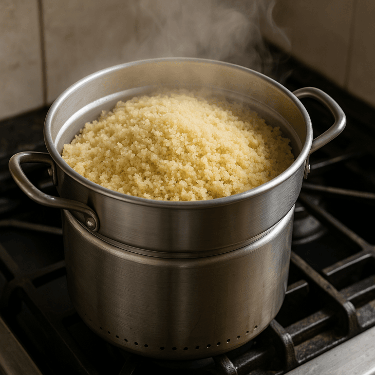 Premi&egrave;re cuisson vapeur du Chola malien dans un couscoussier